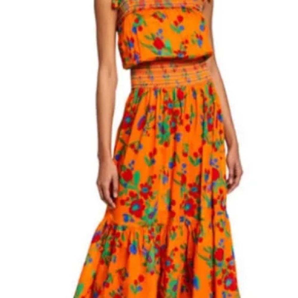 Tory Burch Orange Floral Midi Dress with Multicolor Print